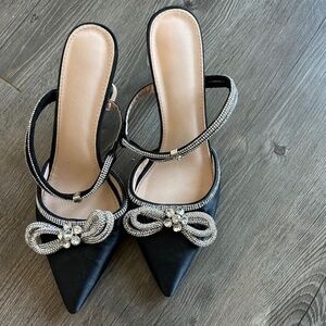 Black Satin Rhinestone Bow Slingback Kitten Heels